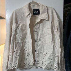 Zara Off-White Jean Jacket with Lace Hem